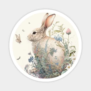 Watercolor Rabbit in Nature, Floral Design Sticker Magnet